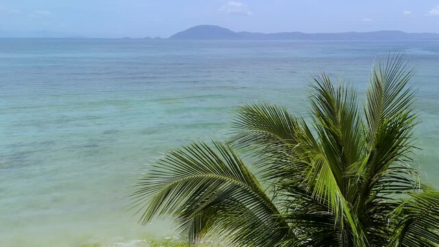 Waves gently roll onto the shore at Dok Let beach in Vietnam. Palm trees sway in the breeze. People enjoy the sun and clear water. The view extends over the ocean and distant mountains