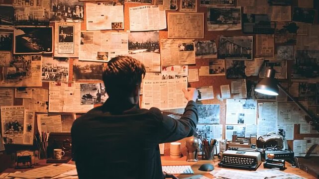 Man Studying UFO Documents and Newspaper Clippings on Corkboard &ndash; Amateur Investigator