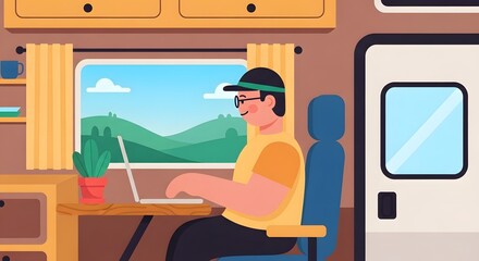 Obraz premium Man working on laptop inside a camper van with scenic mountain view.