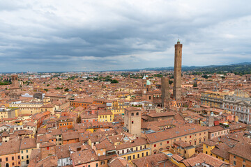 Naklejka premium Bologna view from the top of Torre Prendiparte o Coronata ((Prendiparte or Coronata Tower) with the most famous city attractions in the background