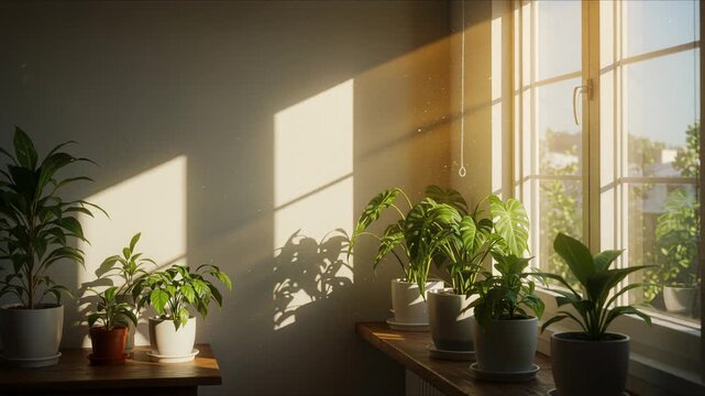 cozy indoor garden with bright natural sunlight through window perfect for spring morning and interior design backgrounds