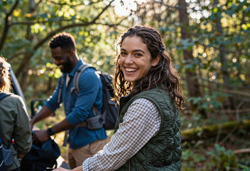 Fototapeta premium Joyful Young Woman in Forest with Outdoor Adventure Companions