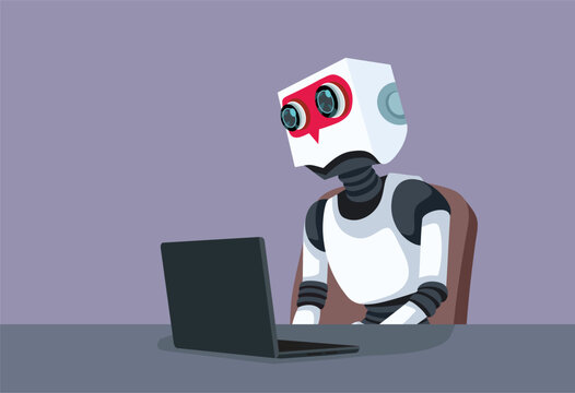 Robot Working Desk Job at a Laptop Vector Illustration. Machine operating portable computer while seated at professional station in office environment 