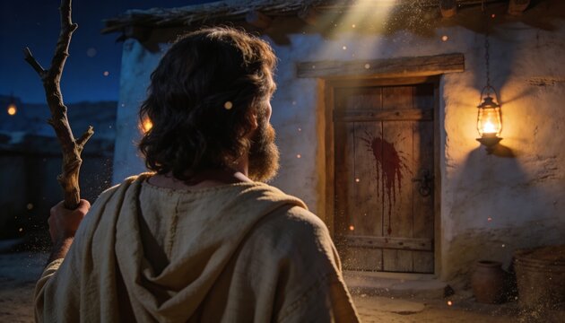 Elderly man painting blood on wooden door frame. Biblical scene representing Passover. Jews marked the doors of their houses with lamb's blood
