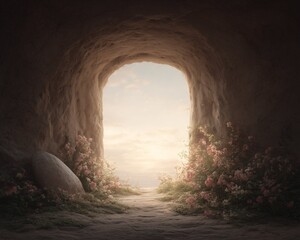 Obraz premium Interior view from inside the empty rock tomb looking out to radiant sunrise light, with the stone rolled aside and spring flowers at the entrance