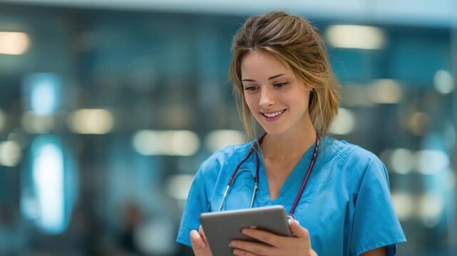 Medical Professional in Focus: A dedicated healthcare worker, dressed in scrubs, engages with a digital tablet, embodying professionalism and care within a clinical environment.