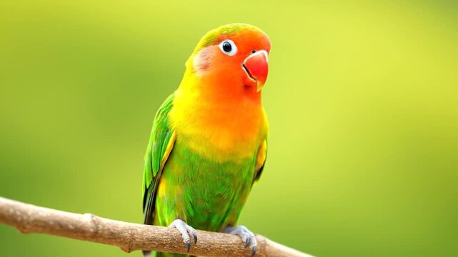 Close-up of a vibrant lovebird perched on a branch with a soft green background.