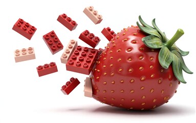 Fototapeta premium Red strawberry surrounded by flying Lego blocks against a white