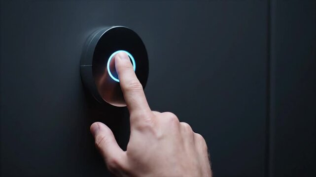 Minimalist interaction: Finger activating futuristic glowing button with seamless design on black