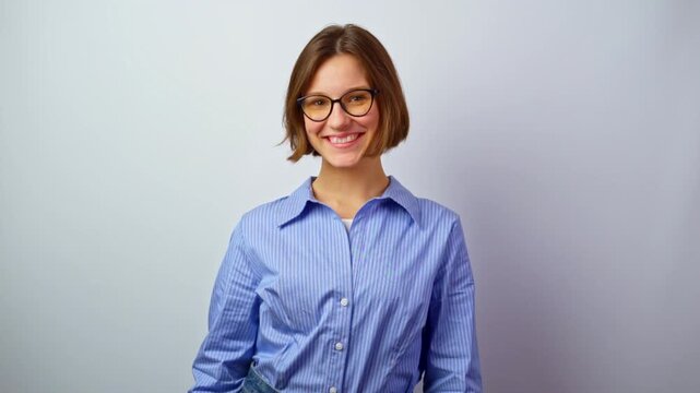 Beautiful girl in glasses looking at camera smiling pretty young girl wearing eyeglasses friendly expression warm smile happy with new frames studio portrait optics vision correction