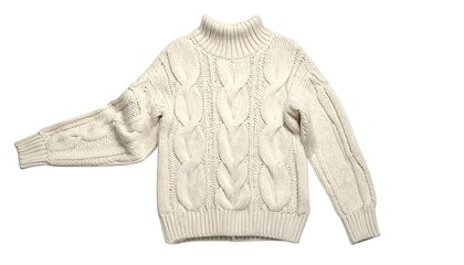 Fototapeta premium Cream Colored Cable Knit Sweater on White Background.