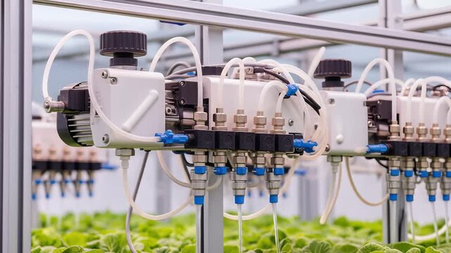 Automated hydroponic system precisely delivering nutrient solution to vibrant green lettuce plants in a modern controlled environment agriculture facility.