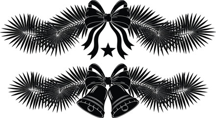 Christmas palm leaves decoration with bow, bells and star, tropical festive holiday ornament silhouette design for winter celebration greeting card © Nazmin