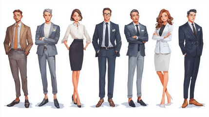 Obraz premium Team of business professionals, both male and female, standing together in business attire against a white background.