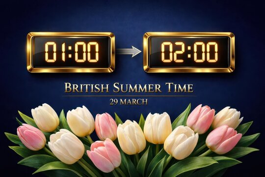 British Summer Time (BST) spring forward  2026 clock change. Golden digital clocks changing from 01:00 to 02:00 on 29 March, decorated with elegant spring tulips on a dark navy blue background