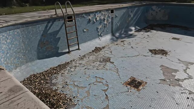 Panning shot of empty abandoned swimming pool with cracked blue tiles peeling paint and dry leaves on bottom showing decay