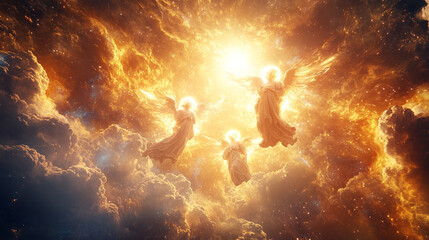Naklejka premium Celestial angels descending through radiant sky with glowing halos and flowing garments, dramatic heavenly composition