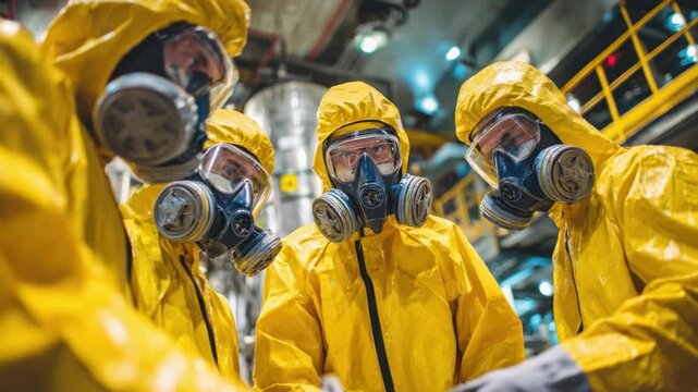 Hazardous environment: A group of individuals clad in protective gear, face masks, and suits, stand together in a possibly hazardous industrial setting, ready to confront an invisible threat.