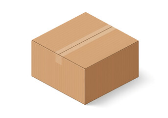 A cardboard box is depicted from an isometric view showcasing its packaging details and design elements in a studio setting