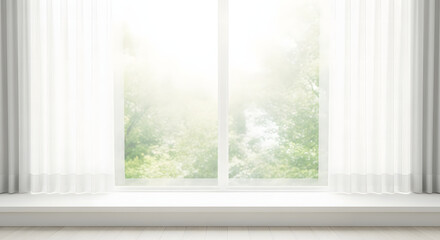 Fototapeta premium Blurry window view with white curtains and greenery outside