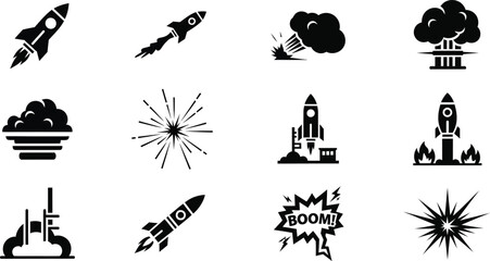 Collection of black and white rocket ship and explosion icons © MSTSALINA