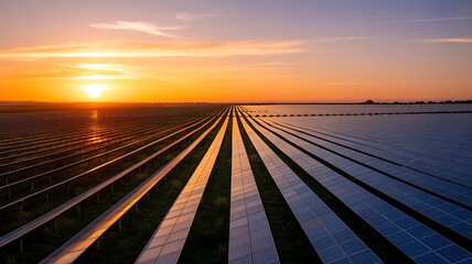 Panoramic View of Expansive Solar Panel Farm at Sunset Photo