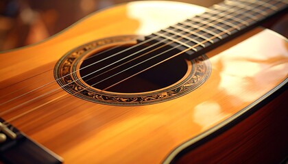 Obraz premium Close-up of a Classical Guitar with Warm Lighting.
