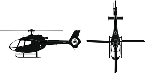 Helicopter silhouette illustration set, side and top view military or rescue chopper aircraft isolated aviation transport vector © Nazmin