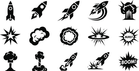 Collection of black and white rocket and explosion icons © MSTSALINA