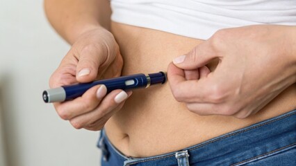 A person is administering an insulin injection to their abdomen using an insulin pen, indicating diabetes management and self-care.