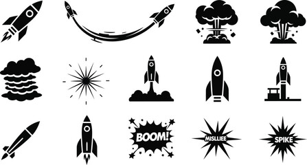 Collection of black and white rocket and explosion icons © MSTSALINA