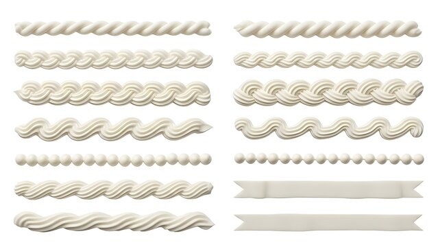 Piped White Cream or Frosting Decorations with Various Patterns Isolated on White