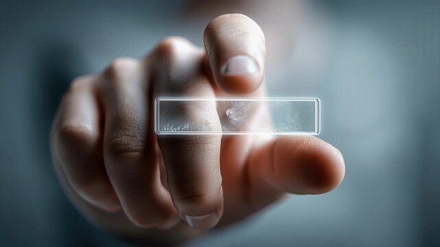 Hand taps a glowing digital progress bar. Fingers hover over a futuristic, transparent interface. No facial expressions, no visible emotion. Ideal for tech, innovation. No animals or plants present
