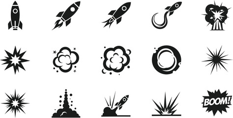 Collection of black and white comic book explosion and rocket icons © MSTSALINA