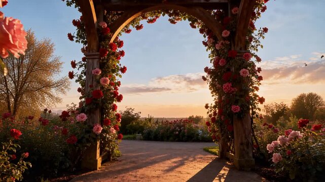romantic wooden archway with blooming roses in golden sunset glow perfect for spring wedding and floral backgrounds