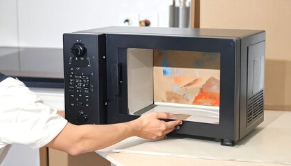 Person opening a microwave oven to heat food.