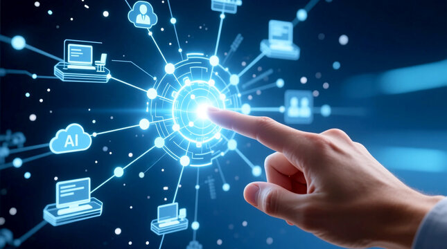 Human hand touching central glowing holographic network interface visualizing future workplace ecosystem with digital collaboration infrastructure for efficient Hybrid Work