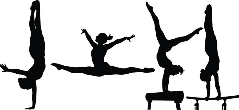 Black silhouette collection of female gymnasts performing artistic floor exercises, handstands, split jumps, and balance beam routines on a white background.