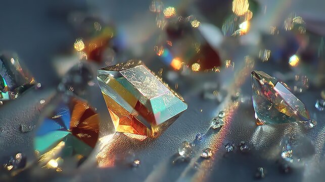 Prism refracting faint binary code rainbows on pale grey, floating luminous orbs, macro