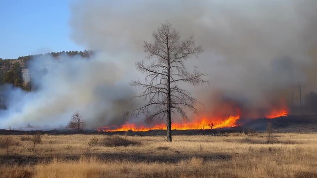 Lone Bare Tree Standing Amidst Expansive Wildfire With Billowing Smoke