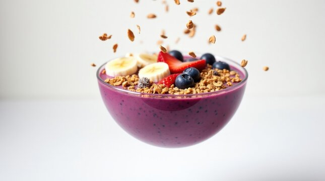 Taz&oacute;n de batido de a&ccedil;a&iacute; flotando en el aire con granola y coberturas de frutas