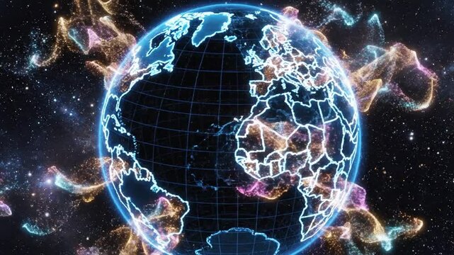 A glowing blue and white wireframe globe with vibrant, swirling lights representing global connections on World Population Day against a starry night sky with a dark background.