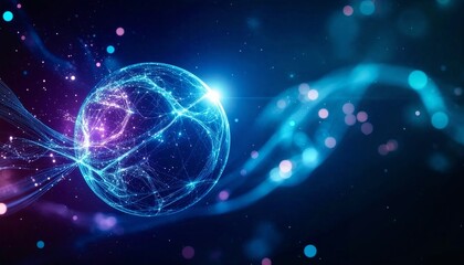 Obraz premium Abstract digital network forming a luminous sphere with flowing data streams on dark space background, symbolizing global artificial intelligence and advanced technology with large copy space.