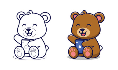 Obraz premium Cute bear holding phone cartoon coloring pages for kids