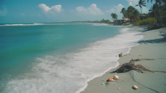 Wide Angle Shot Of Turquoise Ocean Waves Lapping Against Tropical Sandy Beach