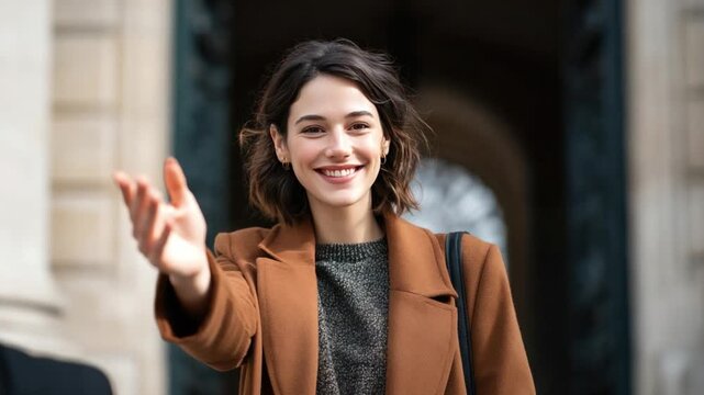 Enthusiastic Woman's Warm Welcome: A radiant young woman extends a welcoming gesture, exuding charm and friendliness as she smiles warmly, capturing a moment of genuine connection.