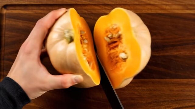 Close-up of hands cutting a butternut squash in half on a wooden cutting board, revealing the seeds and vibrant orange flesh.