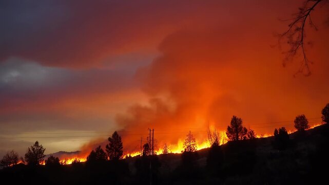 Dramatic Sunset Over Wildfire With Orange Sky And Billowing Smoke
