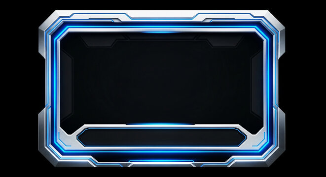 Futuristic metallic game livestream overlay frame with glowing blue neon lines and empty black screen background