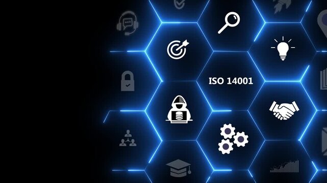 presenting iso 14001 standard certification concept with futuristic graphic user interface. business technology virtual screen 4k isolated on transparent background.